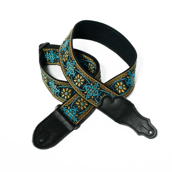 Franklin - 2" Turquoise Retro Folk Weave / Black Leather End Tab